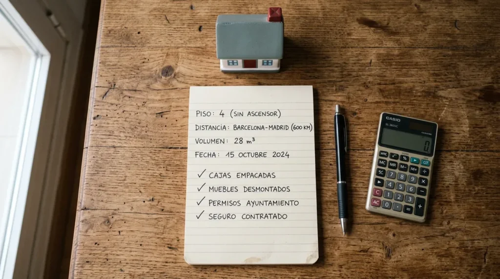 Lista de factores que determinan el precio de una mudanza: planta, distancia, volumen y fecha
