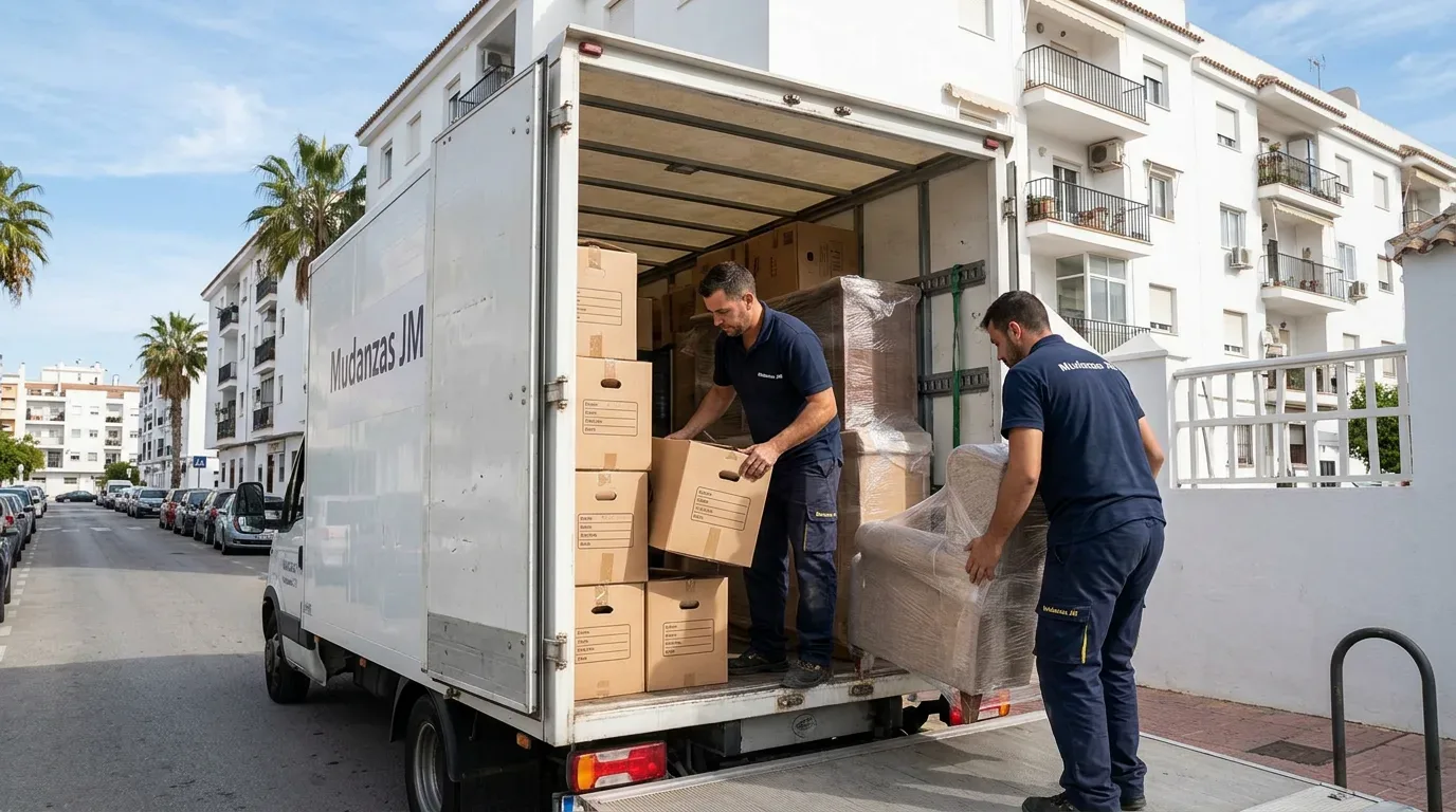 Operarios de mudanzas cargando cajas en camión en Málaga durante una mudanza de piso