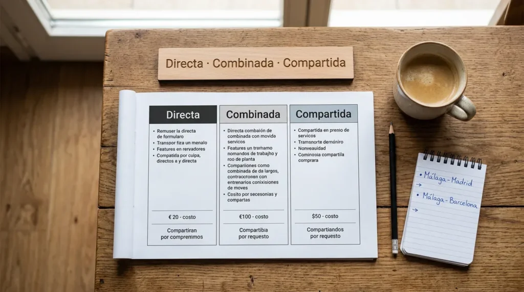 Tabla comparativa de mudanza directa, combinada y compartida con rutas Málaga-Madrid y Málaga-Barcelona