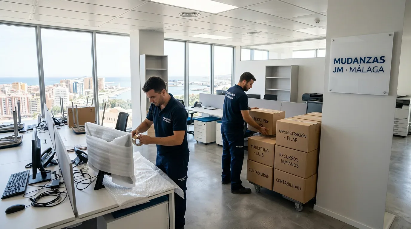 Operarios realizando una mudanza de oficina en Málaga durante el fin de semana con cajas etiquetadas y material embalado