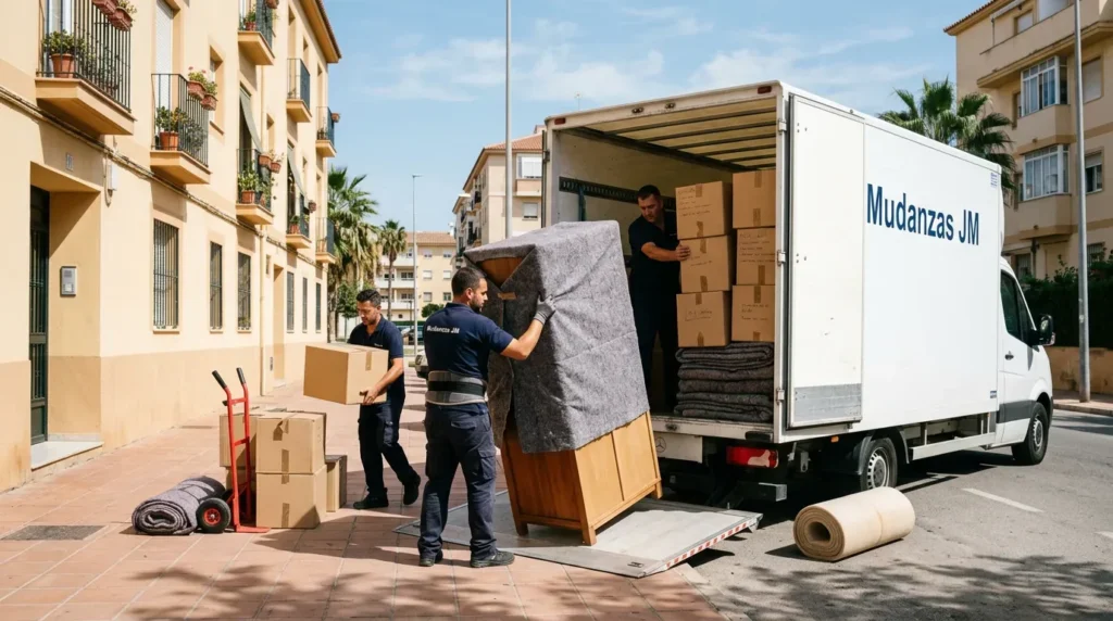Empresa de mudanzas Málaga coordinación entrega llaves Operarios de mudanzas cargando muebles en furgoneta en Málaga coordinando con fecha de entrega de llaves