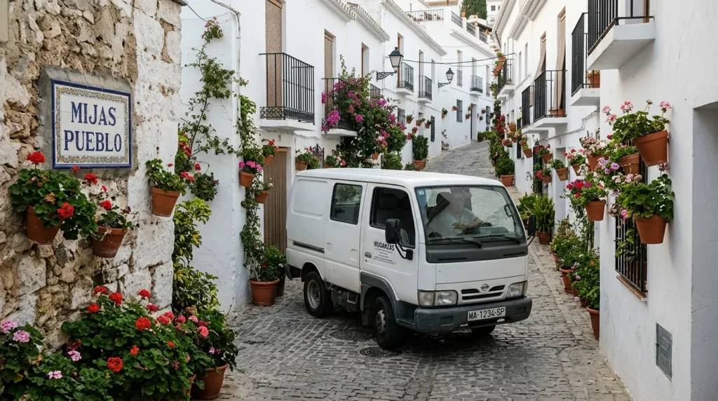 Furgoneta de mudanzas en una calle estrecha de Mijas Pueblo con empedrado andaluz y acceso limitado