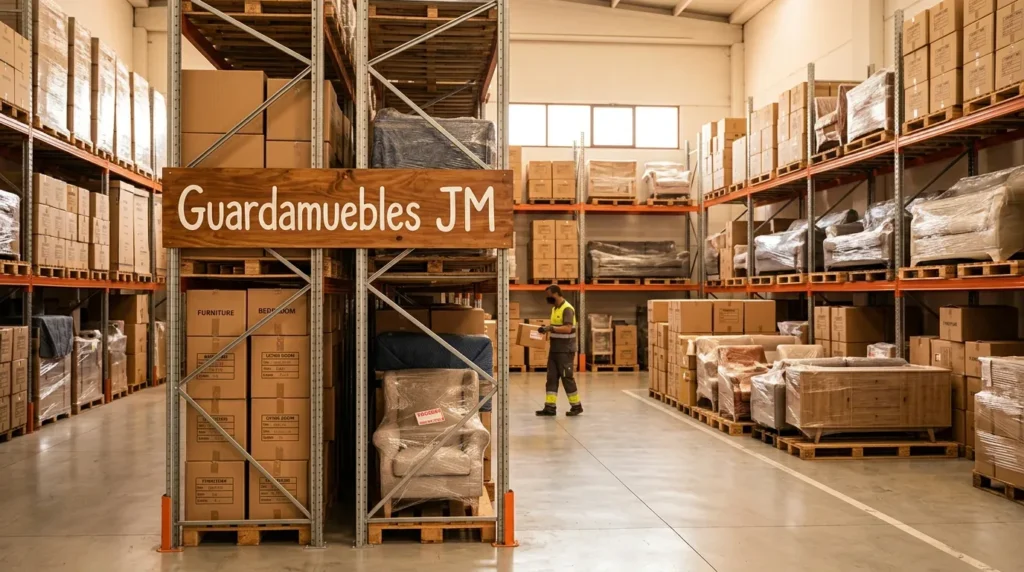 Interior de guardamuebles ordenado con muebles embalados y cajas etiquetadas, servicio de almacenaje en la Costa del Sol