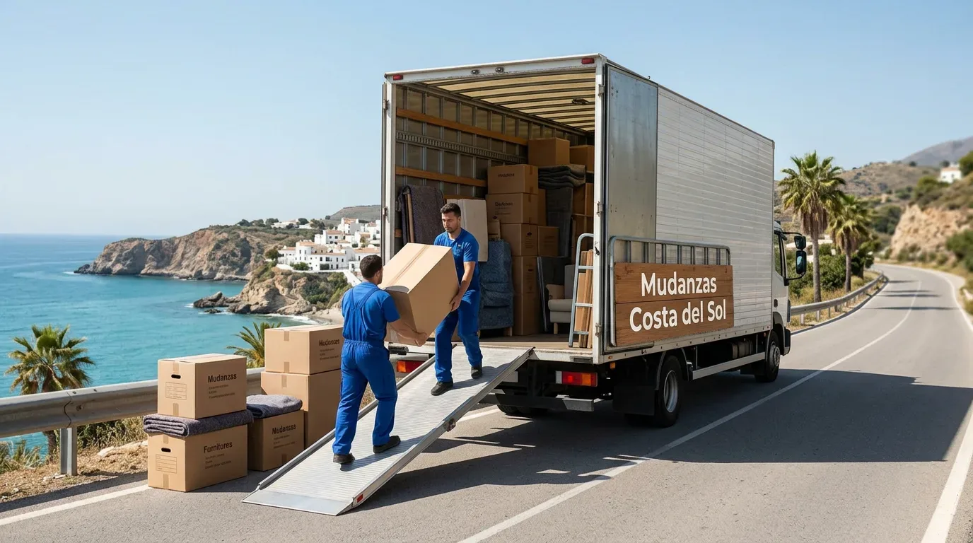 Camión de mudanzas en la Costa del Sol con operarios cargando cajas, con vistas al mar en Fuengirola