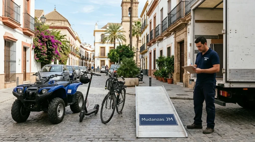 Quad, patinete eléctrico y bicicleta preparados para subir a la furgoneta en una mudanza en Málaga