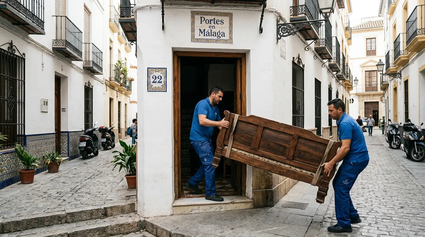 Operarios de portes en Málaga cargando un sofá en el acceso de un edificio histórico del Centro