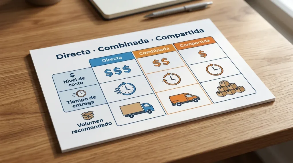 Tabla comparativa de mudanza directa, combinada y compartida con variables de coste, tiempo y volumen recomendado