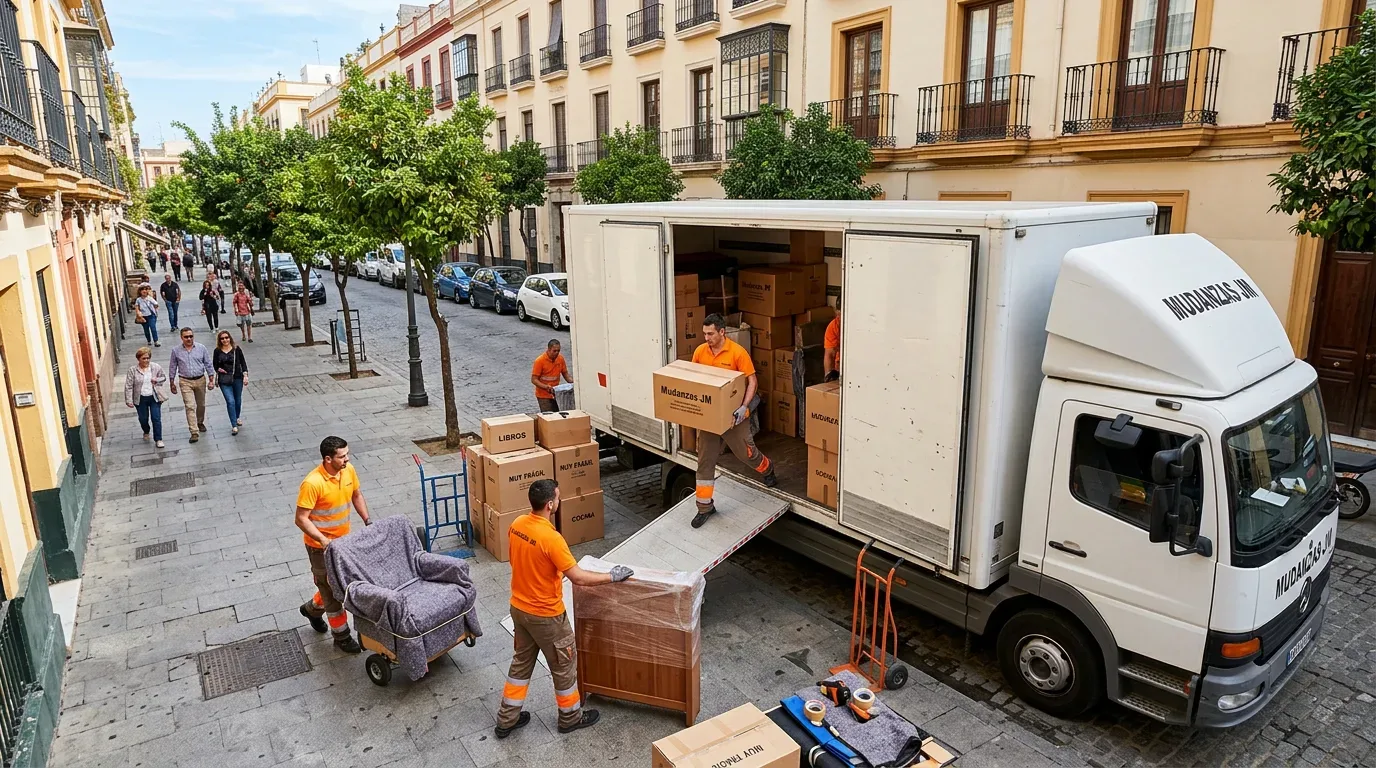 Equipo de operarios cargando cajas y muebles embalados en un camión de mudanzas en una calle de Málaga