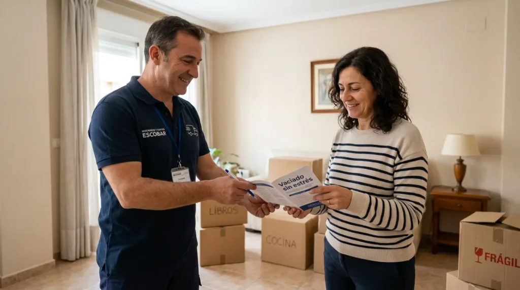 Checklist de vaciado de vivienda coordinado con empresa de mudanzas en Málaga Operario de mudanzas entregando checklist de vaciado de piso a clienta en Málaga para organizar el proceso paso a paso