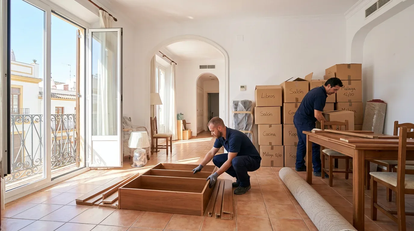 Operarios de empresa de mudanzas realizando el vaciado de una vivienda en Málaga con cajas y muebles desmontados